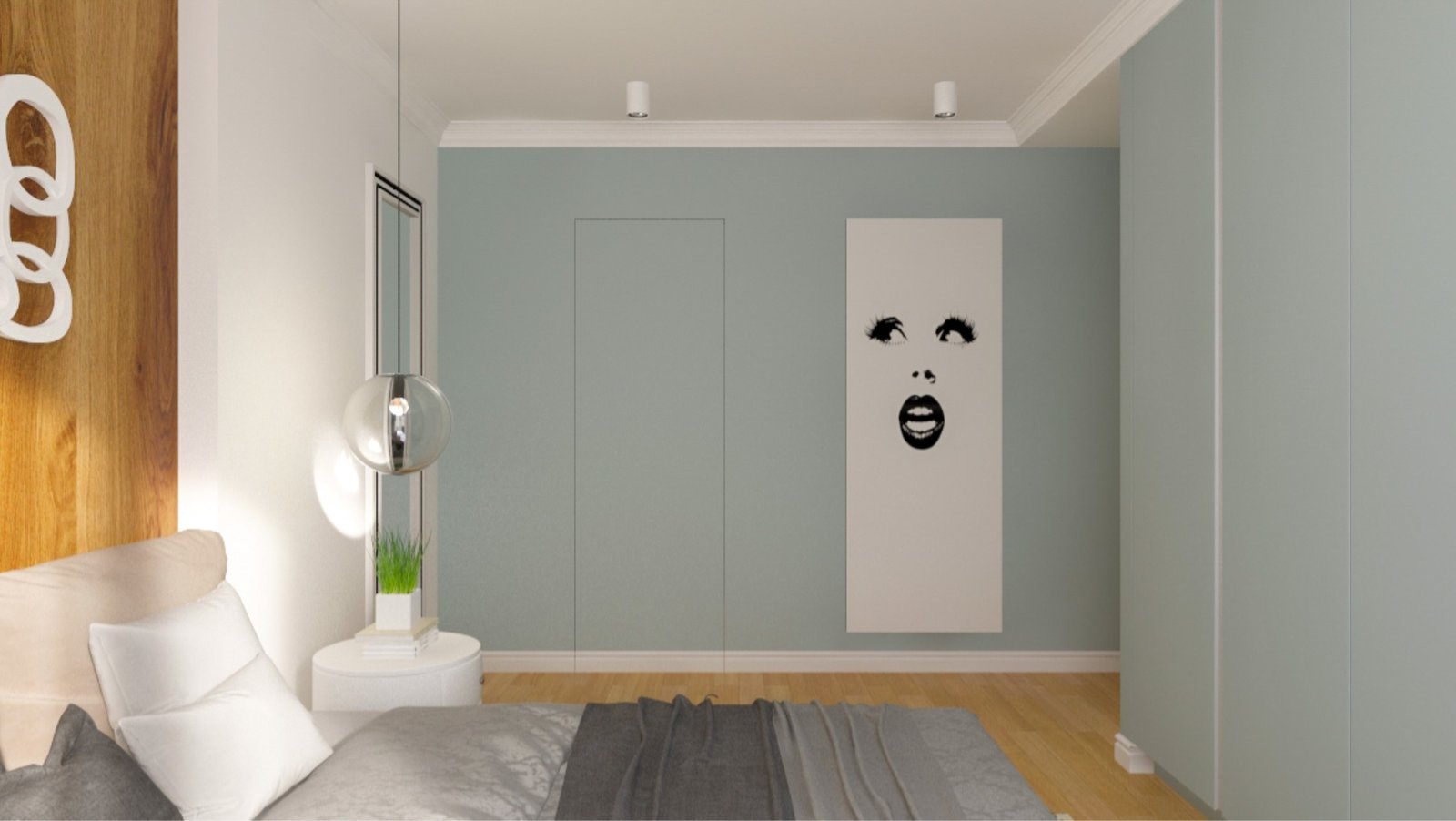 "Interior renovation of a modern bedroom showcasing a light teal wall, a white door, elegant globe pendant light, and a striking black and white artwork of a woman's facial features."
