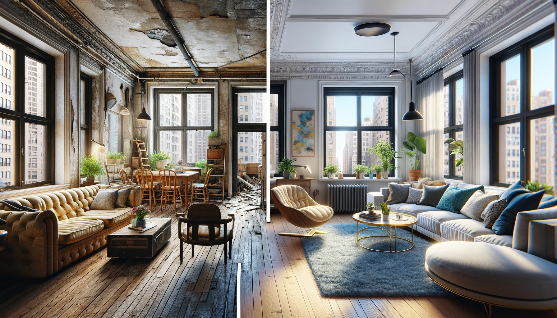 Before and After Photos of a Renovated New York Apartment: "Before and after images showing the transformation of a New York apartment through home renovation in NY, from outdated to modern living space