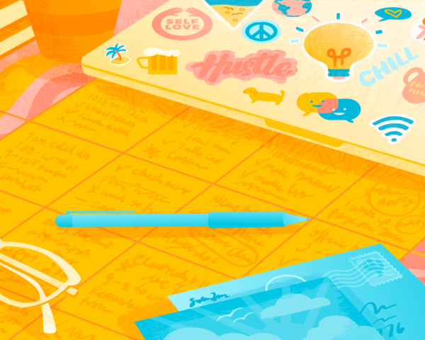 Illustration of a desk calendar and a laptop covered in stickers.