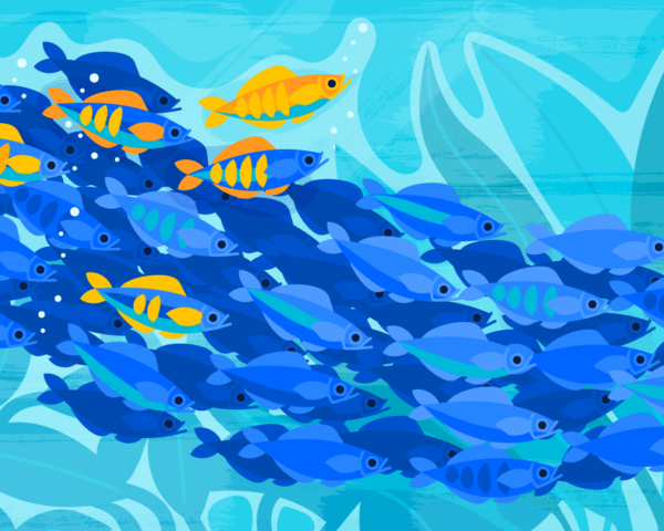 Illustration of a school of fish where one of the fish is leading some of the others in a new direction