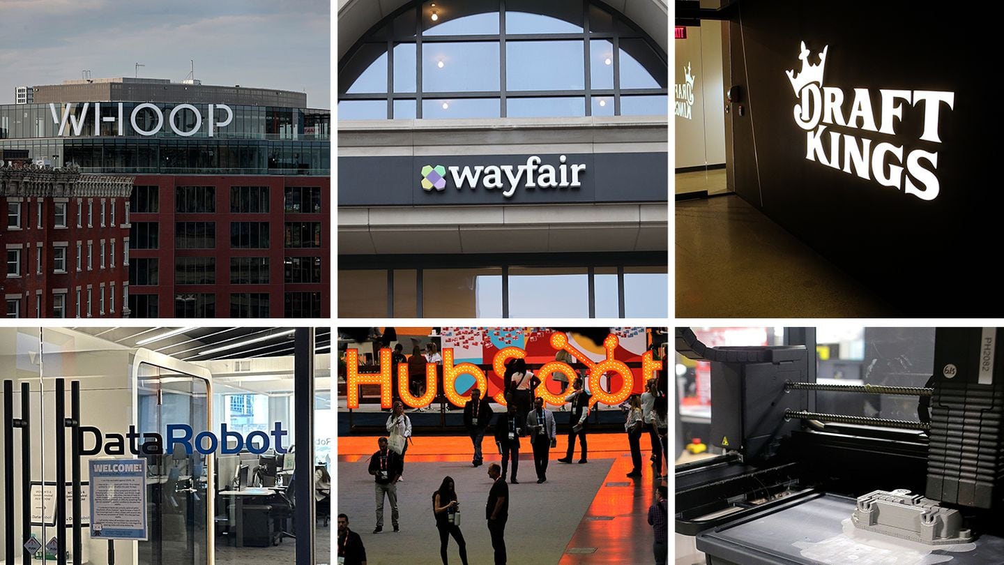 The WHOOP sign in Kenmore Square (top left). The Wayfair office location on Boylston Street (top center). The lobby of the DraftKings Back Bay offices (top right). DataRobot's office in downtown Boston (bottom left). Cambridge software company HubSpot at the Boston Convention and Exhibition Center (bottom center). A 3-D printer at the Desktop Metal headquarters in Burlington (bottom right). All of these Boston-area tech companies have conducted layoffs in the last six months.