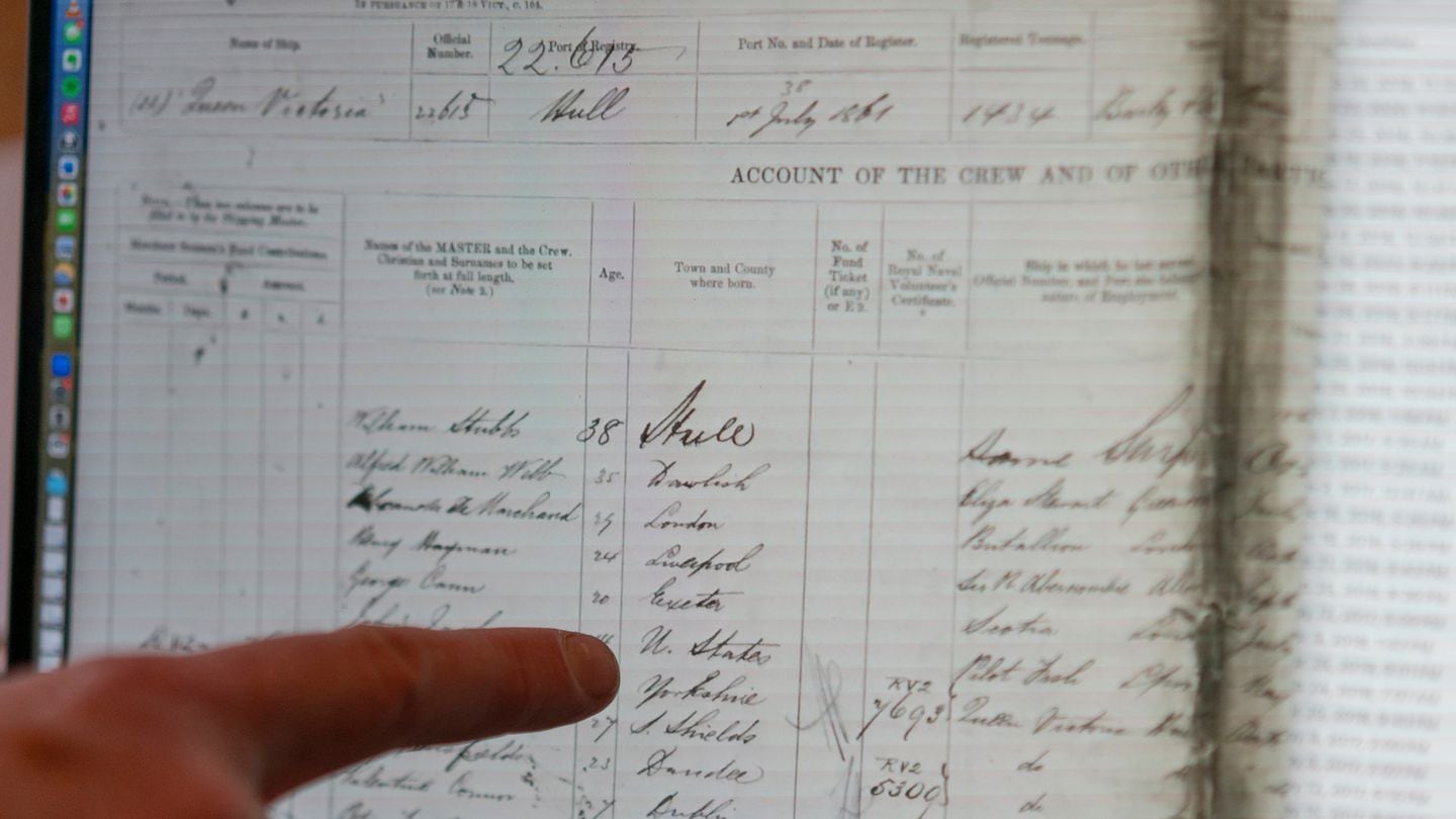 Jonathan Schroeder points to an entry on account book showing John S. JacobsÕs name and place of birth, in Providence, R.I., on May 15, 2024. John S. Jacobs was a fugitive, an abolitionist, and the brother of the canonical author Harriet Jacobs. Now, his own fierce autobiography has re-emerged.