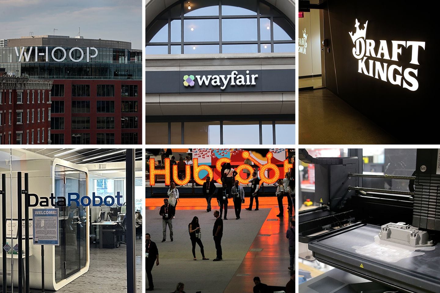 The WHOOP sign in Kenmore Square (top left). The Wayfair office location on Boylston Street (top center). The lobby of the DraftKings Back Bay offices (top right). DataRobot's office in downtown Boston (bottom left). Cambridge software company HubSpot at the Boston Convention and Exhibition Center (bottom center). A 3-D printer at the Desktop Metal headquarters in Burlington (bottom right). All of these Boston-area tech companies have conducted layoffs in the last six months.