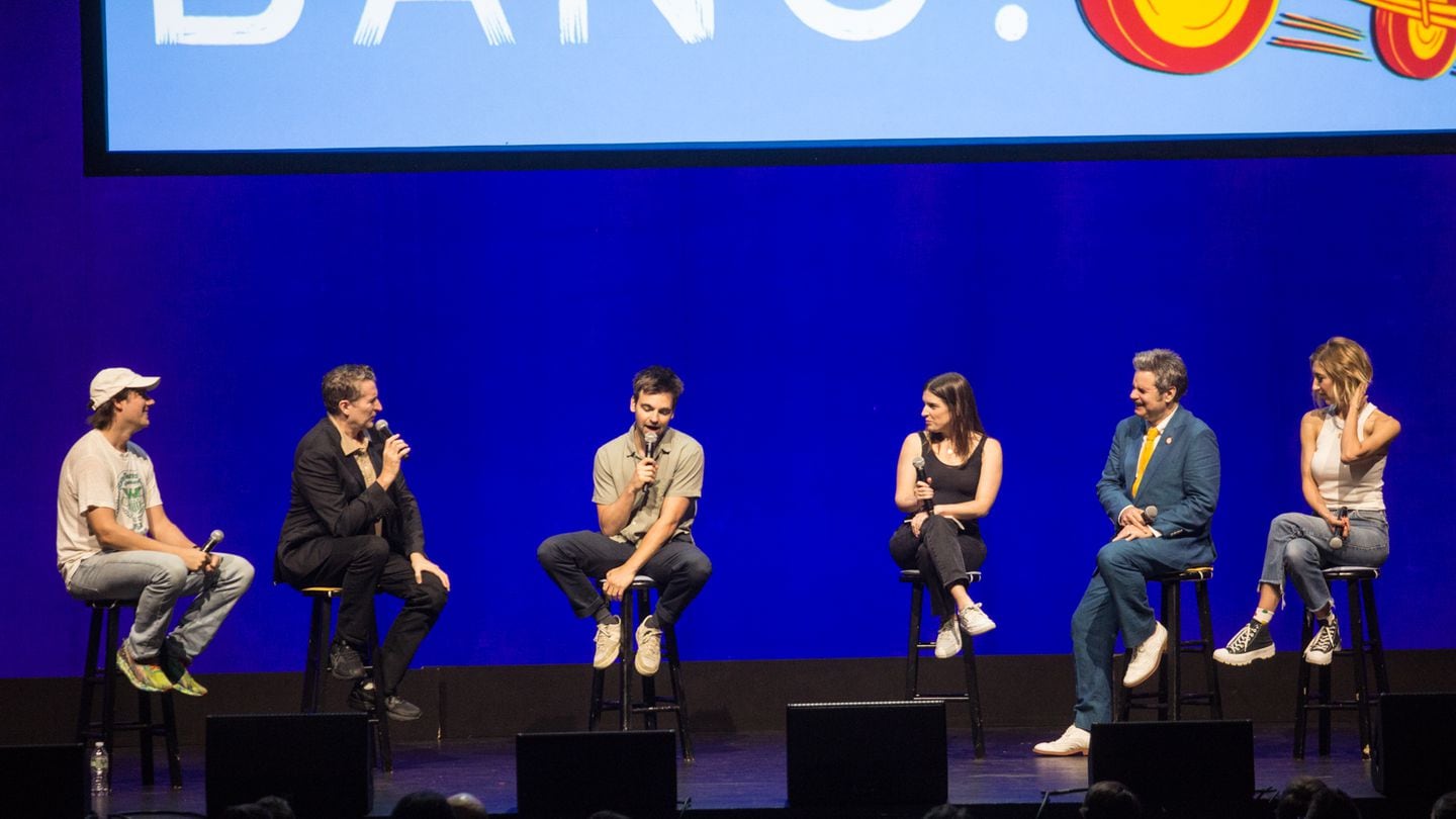 Comedian Scott Aukerman (second from left) at the Kings Theatre in Brooklyn in 2022 with (from left) Mike Hanford, Drew Tarver, Lily Sullivan, Paul F. Tompkins, and Heidi Gardner. Aukerman takes his improv comedy podcast "Comedy Bang! Bang!" on the road this summer.