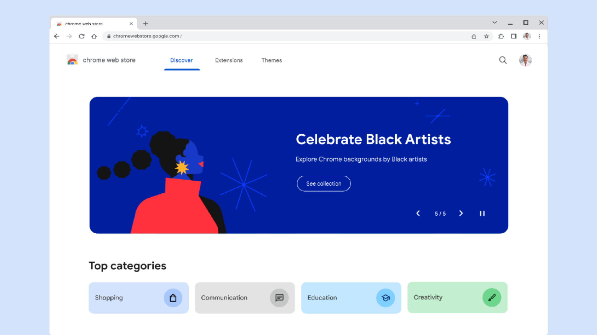 The new Chrome Web Store homepage shows a banner reading “Celebrate Black Artists.” The page scrolls down to show a section called “Editors Picks for you” and “Color themes by Chrome,” stopping at an “Eclipse your Screen” banner for dark mode themes. The cursor moves to click on a Honeysuckle Chrome theme.