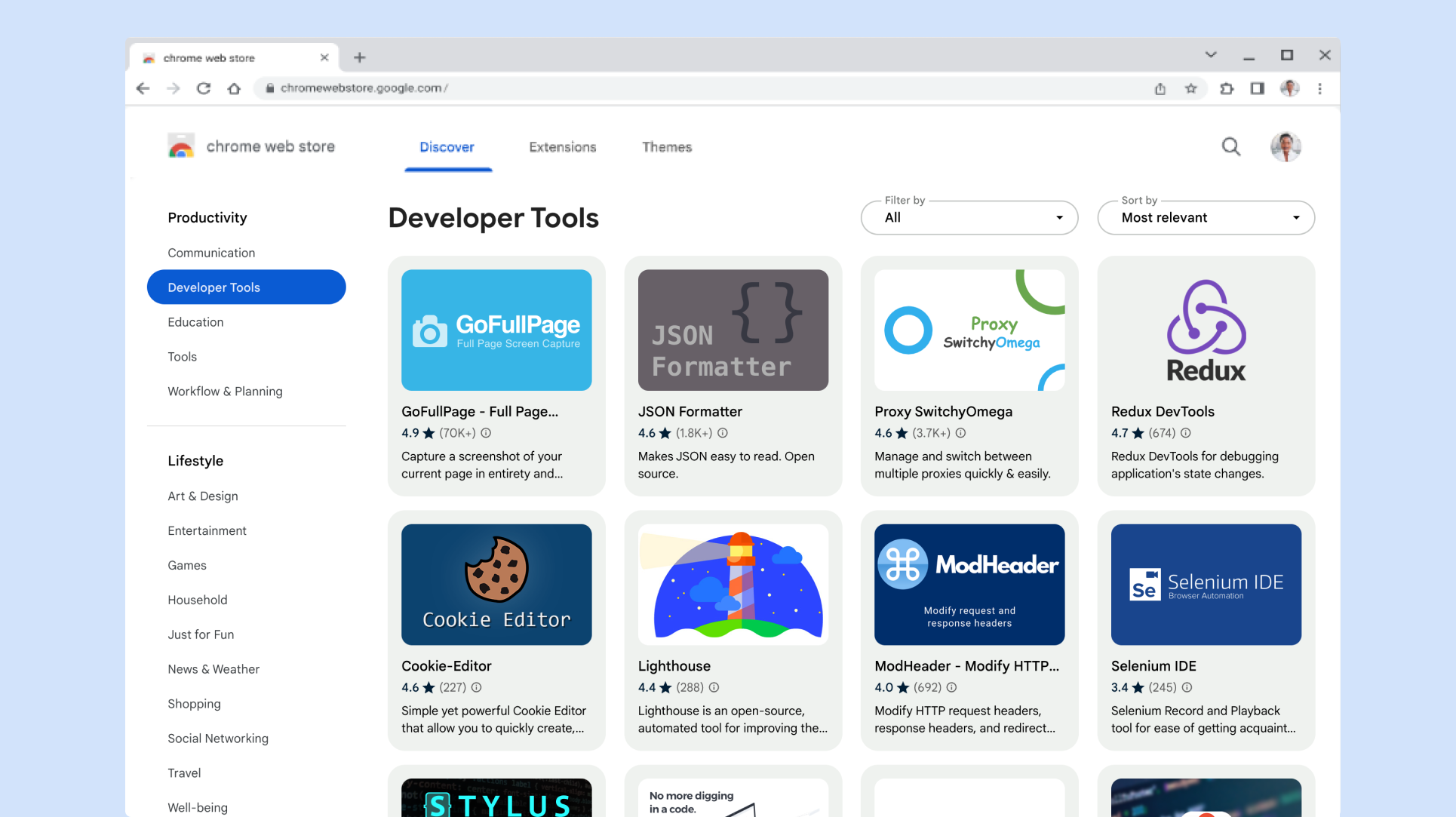 Image of Chrome Web Store in Chrome browser that shows the list of extensions in the "Developer Tools" category.