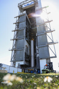 A United Launch Alliance Atlas V rocket stands vertical at the Vertical Integration Facility at Space Launch Complex-41 at Cape Canaveral Space Force Station in Florida on Wednesday, Feb. 21, 2024.