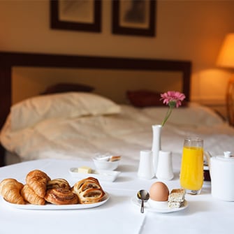 Breakfast in a hotel room.