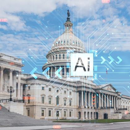 An image of the U.S. capitol building superimposed by a translucent image meant to symbolize technology. In the center there&#x27;s a white square that says AI.