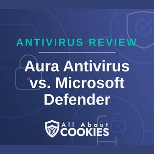 A blue background with images of locks and shields and the text "Aura Antivirus vs. Microsoft Defender"