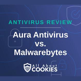 A blue background with images of locks and shields and the text &quot;Aura Antivirus vs. Malwarebytes&quot;