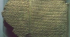 Mesopotamian Religion. Cuneiform tablet in the British Museum, London, England, 7th Century BC, describing the Flood Epic, a deluge story in the Epic of Gilgamesh added as Tablet XI to the ten original tablets of the Gilgamesh Epic by an editor who copied or altered parts of the flood story from the Epic of Atrahasis. (flood tablet, Neo Assyrian, clay tablet)