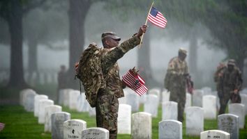Just before Memorial Day, soldiers of the 3rd U.S. Infantry Regiment (the "Old Guard") honors America's fallen & places American flags at each gravesite of service members buried at Arlington National Cemetery in Virginia. Flags-In 2019. See Notes