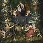 THE HOLY FAMILY WITHIN A GARLAND OF FRUIT, FLOWERS AND VEGETABLES HELD BY ANGELS, Jan Brueghel the Younger
