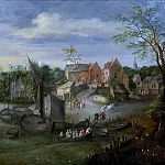 A river landscape with a view of the village, Jan Brueghel the Younger