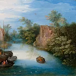 A river landscape with ferry boat and figures, Jan Brueghel the Younger