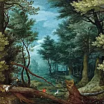 A forest landscape with hunters giving chase to a stag, Jan Brueghel The Elder
