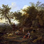 Nicolaes (Claes Pietersz.) Berchem - A PASTORAL LANDSCAPE WITH A PEASANT GIRL MILKING AND A SHEPHERD PLAYING THE FLUTE