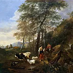 Nicolaes (Claes Pietersz.) Berchem - A rocky wooded landscape with peasants and their livestock