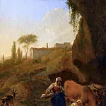 Nicolaes (Claes Pietersz.) Berchem - A Rocky Southern Landcape With Two Peasant Women