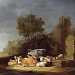 Landscape With A Shepherd And A Shepherdess Resting With Their Cattle By A Watering Place, Nicolaes (Claes Pietersz.) Berchem