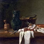 Still Life with Pestle and Mortar, Pitcher and copper Cauldron, Jean Baptiste Siméon Chardin