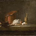 Still Life with Kitchen Utensils and Vegetables, Jean Baptiste Siméon Chardin