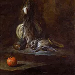 Two Dead Hares with Game-bag, Powder Flask and Orange, Jean Baptiste Siméon Chardin
