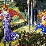 Беноццо Гоццоли - Ангел, собирающий цветы на фоне небесного пейзажа
