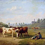 Пастушки с коровами на пастбище