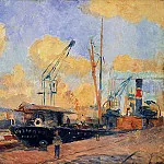 Альбер-Шарль Лебур - Пароходы и баржи в порту Руана на закате