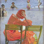 сэр Джон Лавери - Девушка в красном платье читает у бассейна