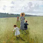 На меже. В.А.Репина с детьми идёт по меже, Илья Ефимович Репин