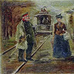 On the train platform. Street Scene with receding competitive, Ilya Repin