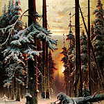 Winter sunset in the fir forest, Yuly Klever