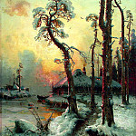 Winter landscape with river and houses, Yuly Klever
