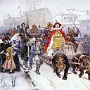 Large masquerade in 1722 on the streets of Moscow with the participation of Peter I and Romodanovsky JF Romodanovsky, Vasily Ivanovich Surikov