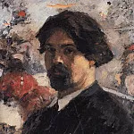 Self-portrait on the background of the painting The Conquest of Siberia by Yermak, Vasily Ivanovich Surikov