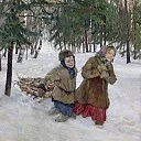 Trudging the logs in winter snow, Nikolai Petrovich Bogdanov-Belsky