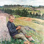 Boy resting in an extensive summer landscape, Nikolai Petrovich Bogdanov-Belsky