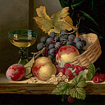 Edward Ladell A basket of peaches and grapes with raspberries and a roemer on a wooden ledge 99259 20, Эдвард Мэтью Уорд
