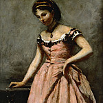 Girl in pink dress with roses and a pearl. Oil on canvas, Jean-Baptiste-Camille Corot
