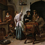 В доме хозяйка, болтливый попугай, двое игроков в триктрак и другие фигуры или -Клетка с попугаем-, 1660-1670, Ян Вик