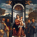 Мадонна с Младенцем на троне со свв Петром, Павлом, Франциском и Антонием Падуанским, Франческо Вечеллио