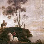 Unknown painters - Lake landscape with horsemen