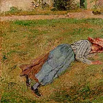 Камиль Писсарро - Юная крестьянка, отдыхающая, лежа на траве (1882)