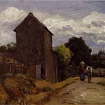 Камиль Писсарро - Крестьянин и крестьянка на дороге через деревню. (1863-65)