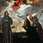 Madonna and Child with Saint Francis and the Donor Luigi Gozzi with St. Louis of Toulouse, Titian (Tiziano Vecellio)
