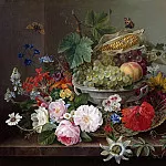 Август Фердинанд Хопфгартен - Цветочный натюрморт с корзиной фруктов