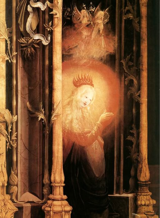 Ангельский концерт, Изенгеймский алтарь, левая половина центральной части -Очеловечивание Христа-. Маттиас Грюневальд